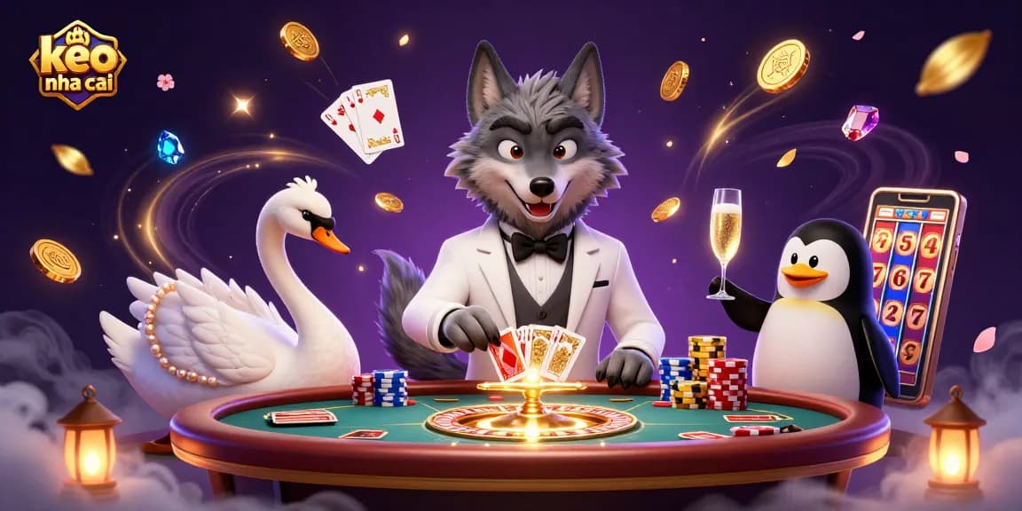 Engage with keo nha cai at a lively baccarat table with a debonair wolf and elegant swan.