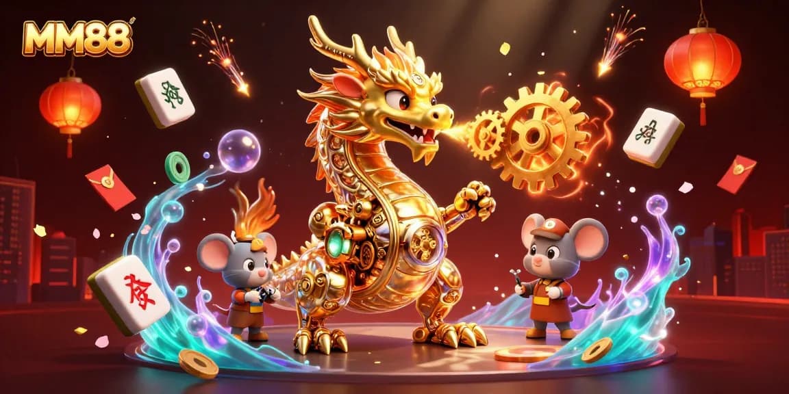Engage with MM88’s dynamic gaming experience featuring a golden dragon and lively casino elements.