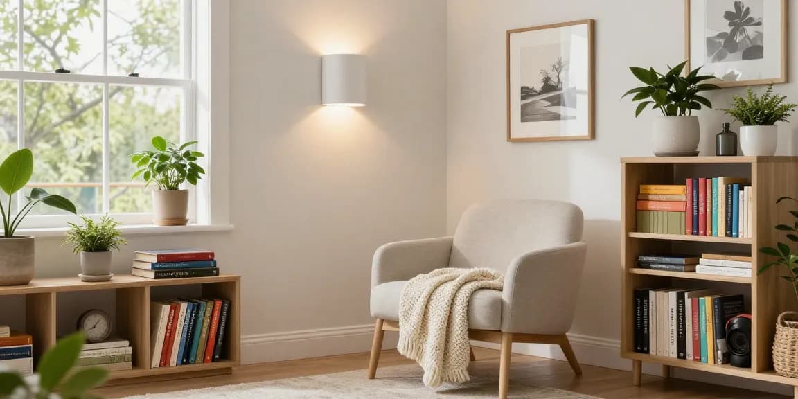 Aplique pared blanco brillante iluminando una acogedora sala de estar con decoración elegante.