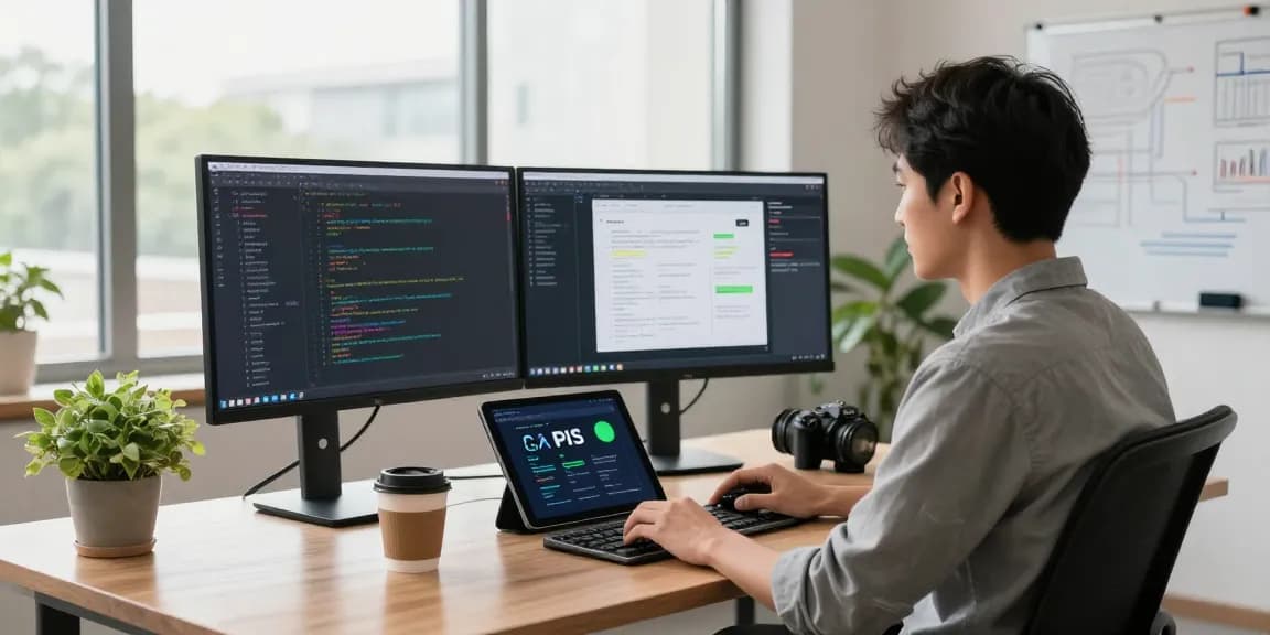 Build internal tools with AI in a modern software development workspace featuring coding on multiple screens.