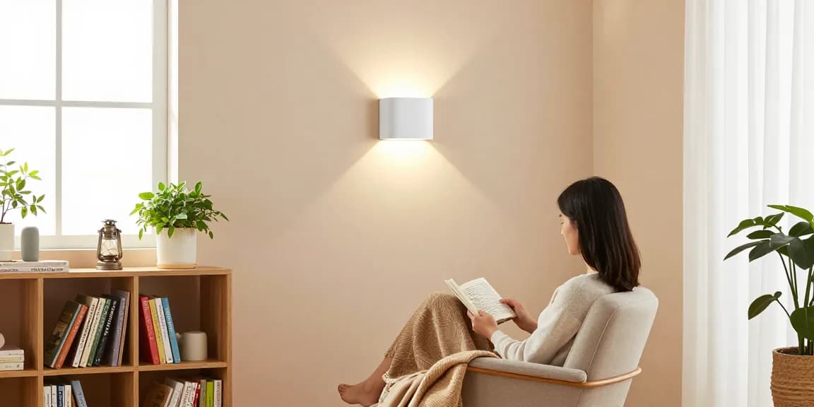 Stylish aplique pared blanco illuminating a cozy reading nook.
