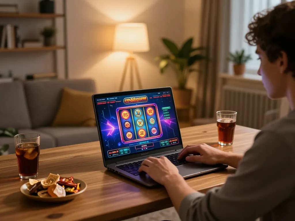 Player engaged with cm88game on laptop, cozy gaming setup with snacks and warm lighting