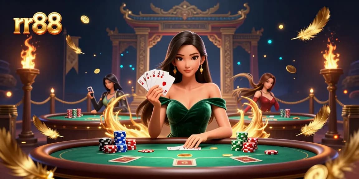 Engage with the rr88 casino experience, showcasing a strategic poker scene filled with excitement and glamour.