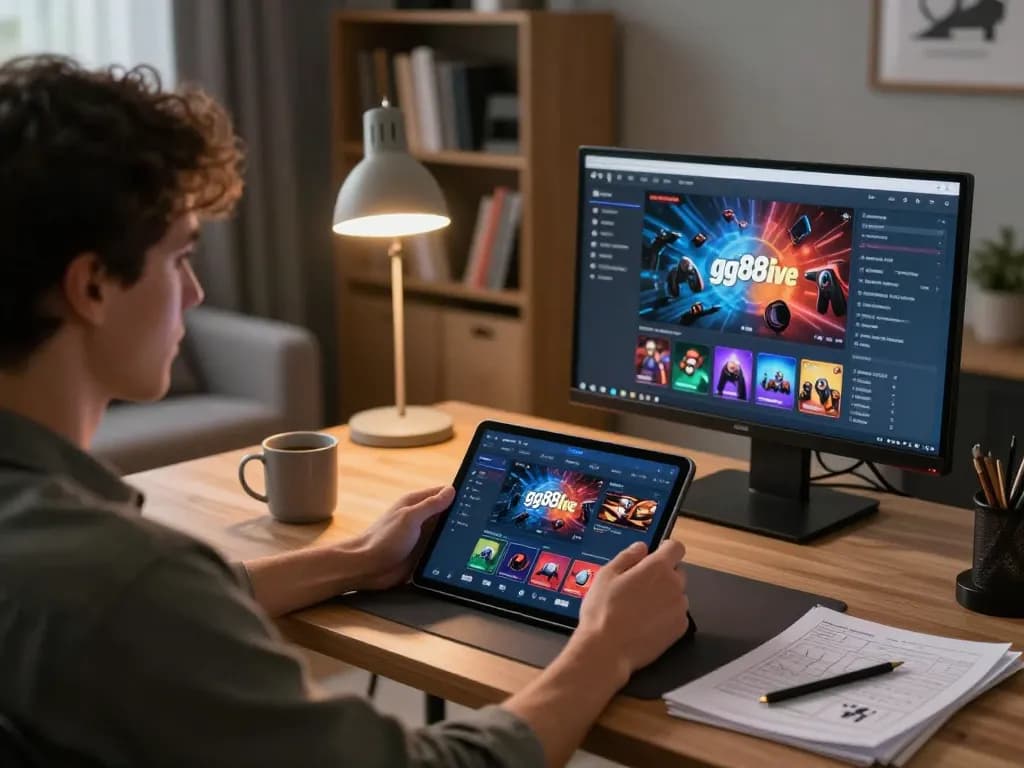 Player enjoying gg88live casino app on tablet in cozy home office