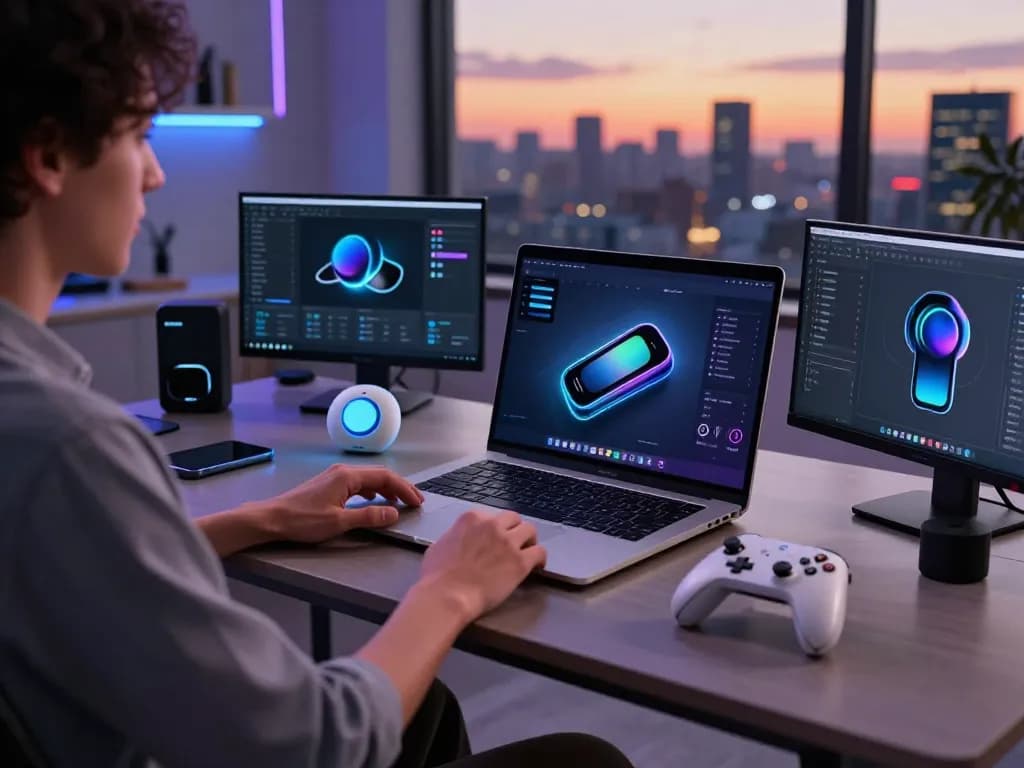 Engaging workspace showing trending tech gadgets like Bluetooth controllers and smart devices in a modern office.