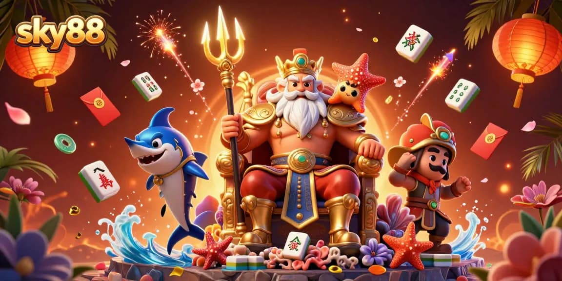 Experience thrilling action at sky88 with Neptune and festive gambling elements illuminated in a vibrant scene.