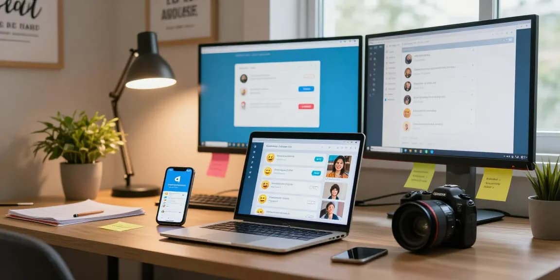 Engaging with the Telegram Web Version in a cozy home office, showcasing vibrant chats and modern workspace elements.
