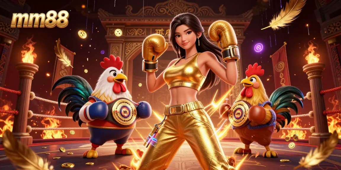 Engage with mm88's dynamic gaming experience featuring a powerful woman, rooster, and golden belt.