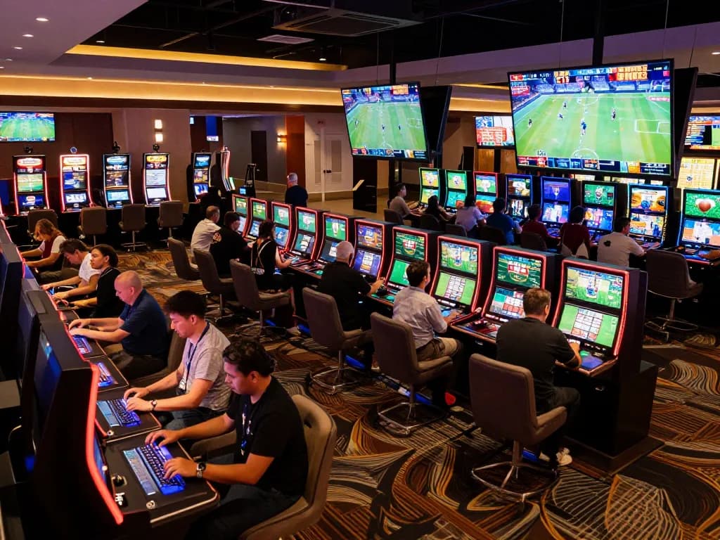 The sports betting area showcases tỷ lệ kèo with excited patrons and screens displaying live odds and outcomes