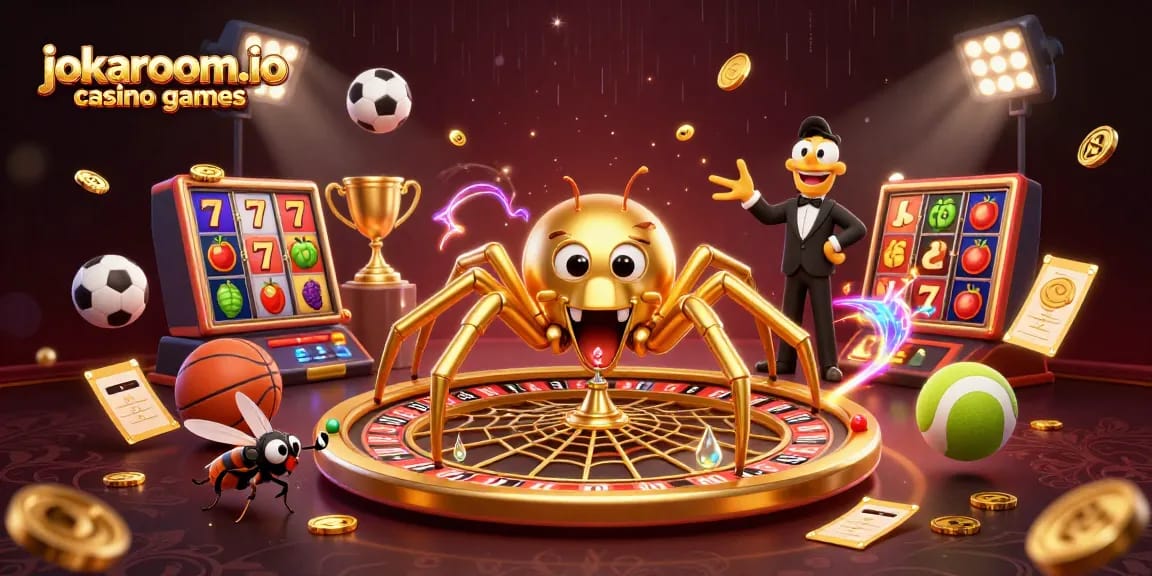 Engage in exciting jokaroom.io casino games with a dynamic scene of a spider dealer, spin the wheel!