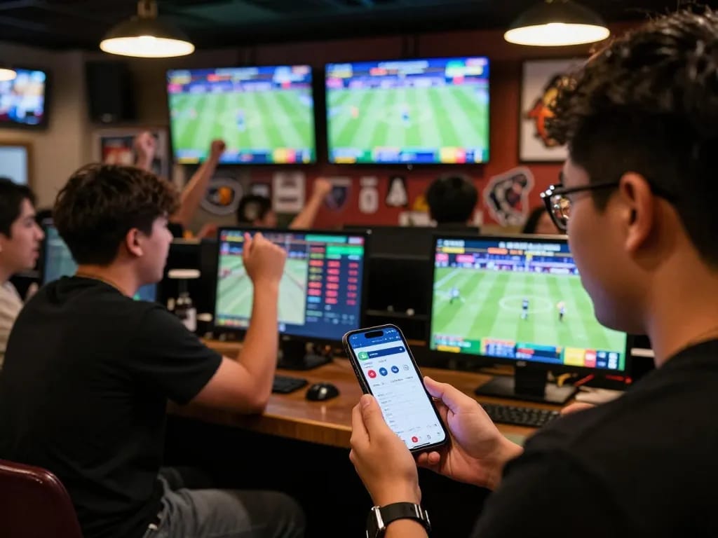 Engaging sports betting scene illustrating keo nha cai hom nay app in use amidst cheering friends