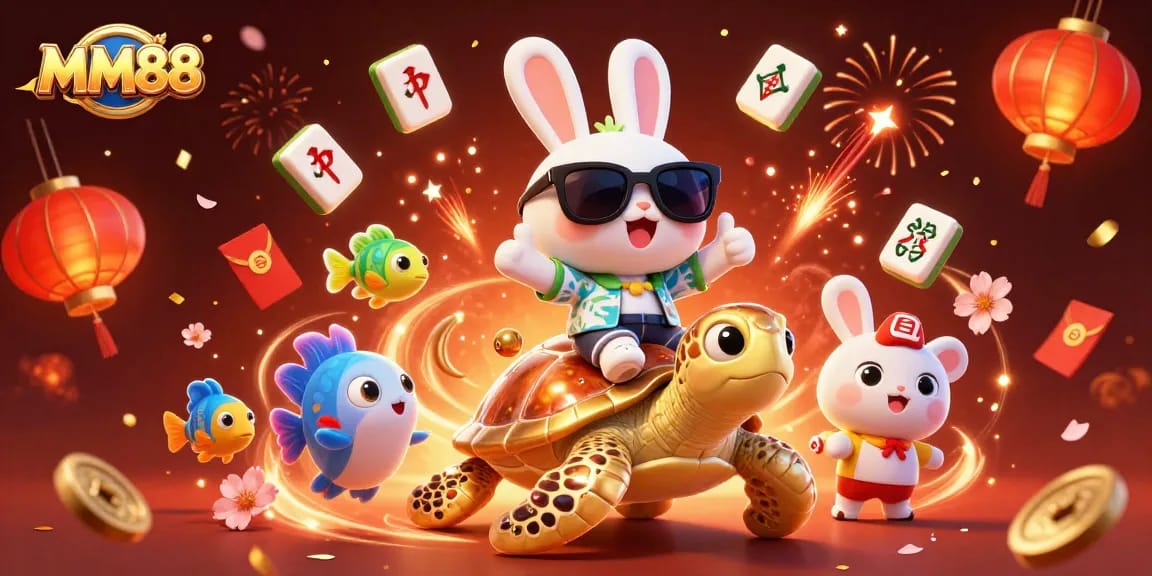 Experience winning gameplay at MM88 with a lucky rabbit and golden turtle in a vibrant casino scene.