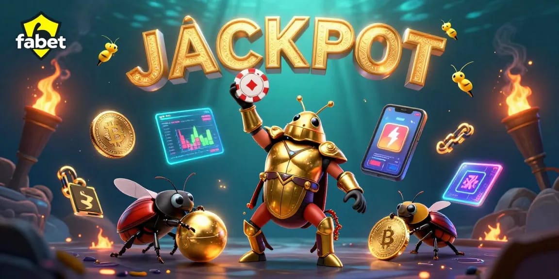 Win with fabet in a vibrant 3D casino scene featuring a hero beetle and jackpot elements.