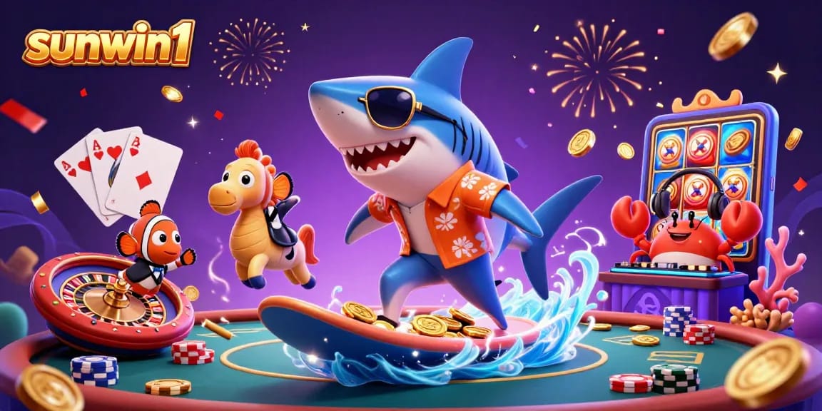 Surf vibrant casino action with sunwin1 featuring a shark, clownfish, and crab DJ in a colorful 3D scene