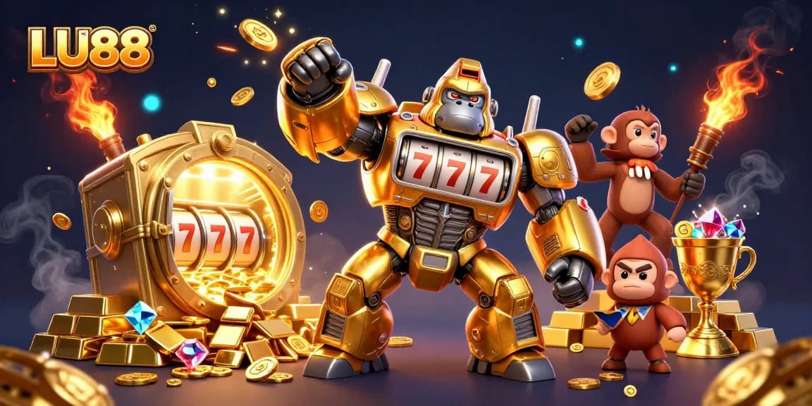 LU88 showcases a dynamic 3D illustration of a golden gorilla mech celebrating massive wins in a casino.