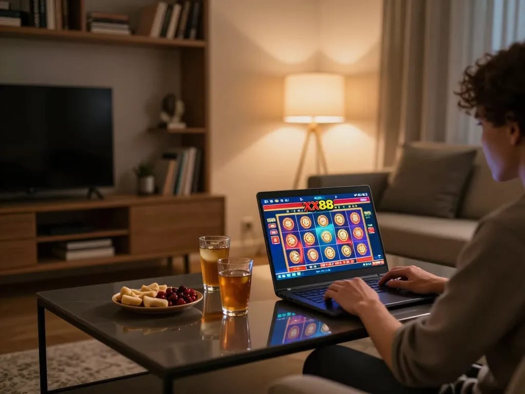 Engaged player enjoying xx88 online slots game at a cozy home setup