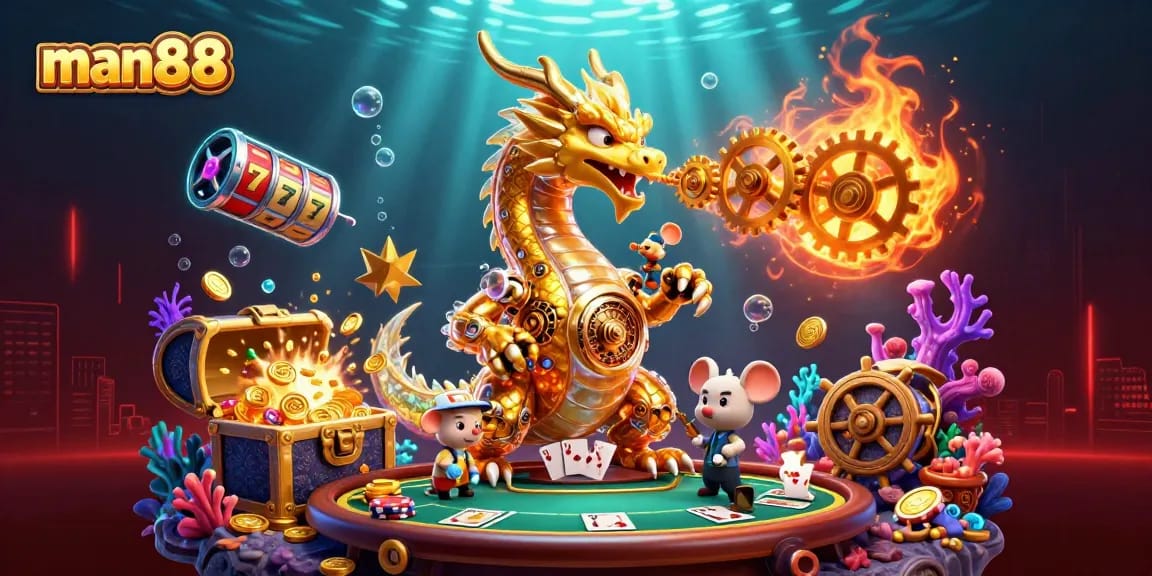 Win big with man88's exciting gambling scene of a golden dragon and poker elements.