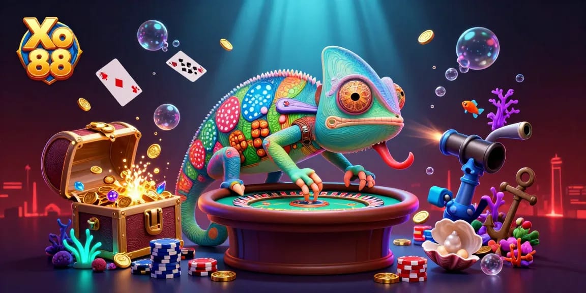 Xo 88 chameleon casino owner in a vibrant underwater scene, capturing gold coins and excitement.