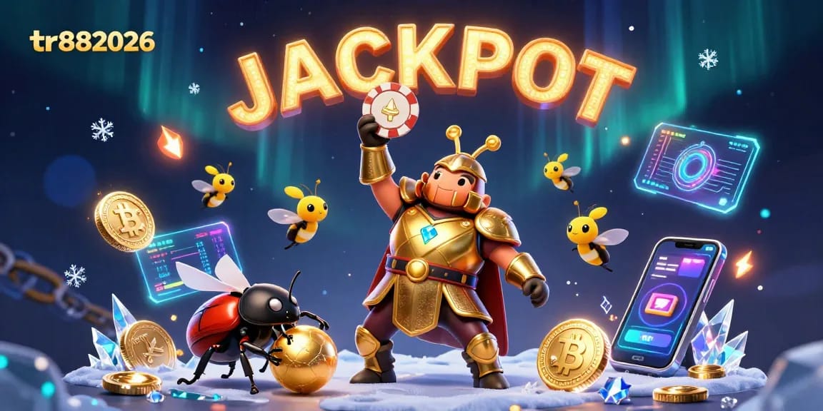 Experience the excitement of tr882026 with a victorious beetle, vibrant gaming elements, and a dynamic jackpot theme.