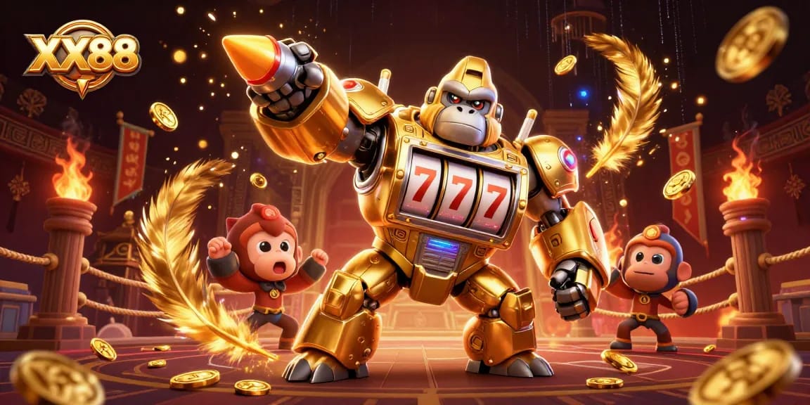 Engage with the thrilling XX88 gaming experience featuring a golden gorilla mech in a vibrant casino scene.