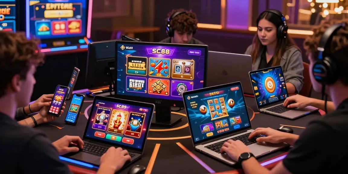 Diverse players enjoying SC88 gaming platform with vibrant graphics on multiple devices in an engaging atmosphere.