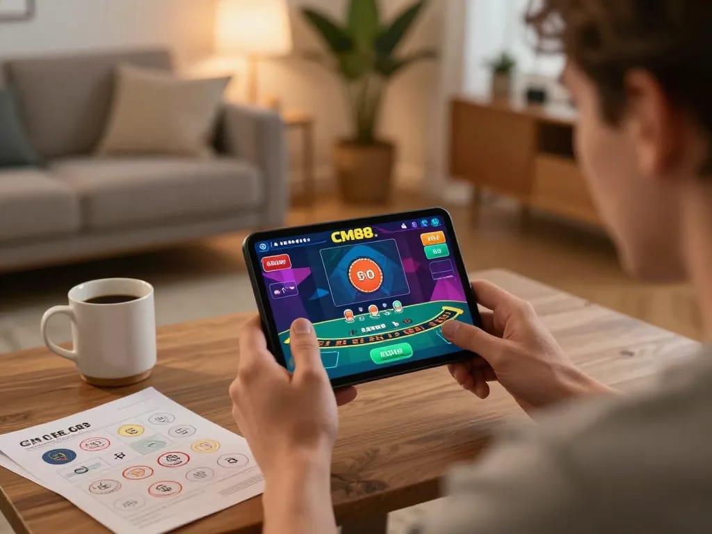 Engaging in online blackjack gameplay with CM88, showcasing a lively gaming atmosphere in a cozy room.