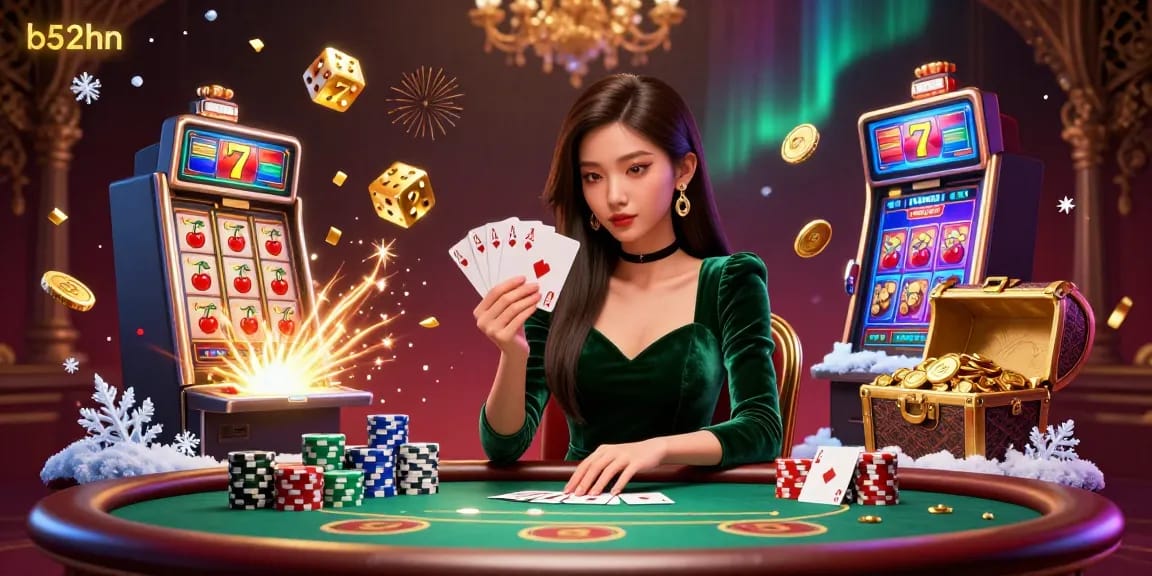 b52hn features an Asian woman expertly playing poker at a luxury table amid slots and confetti.
