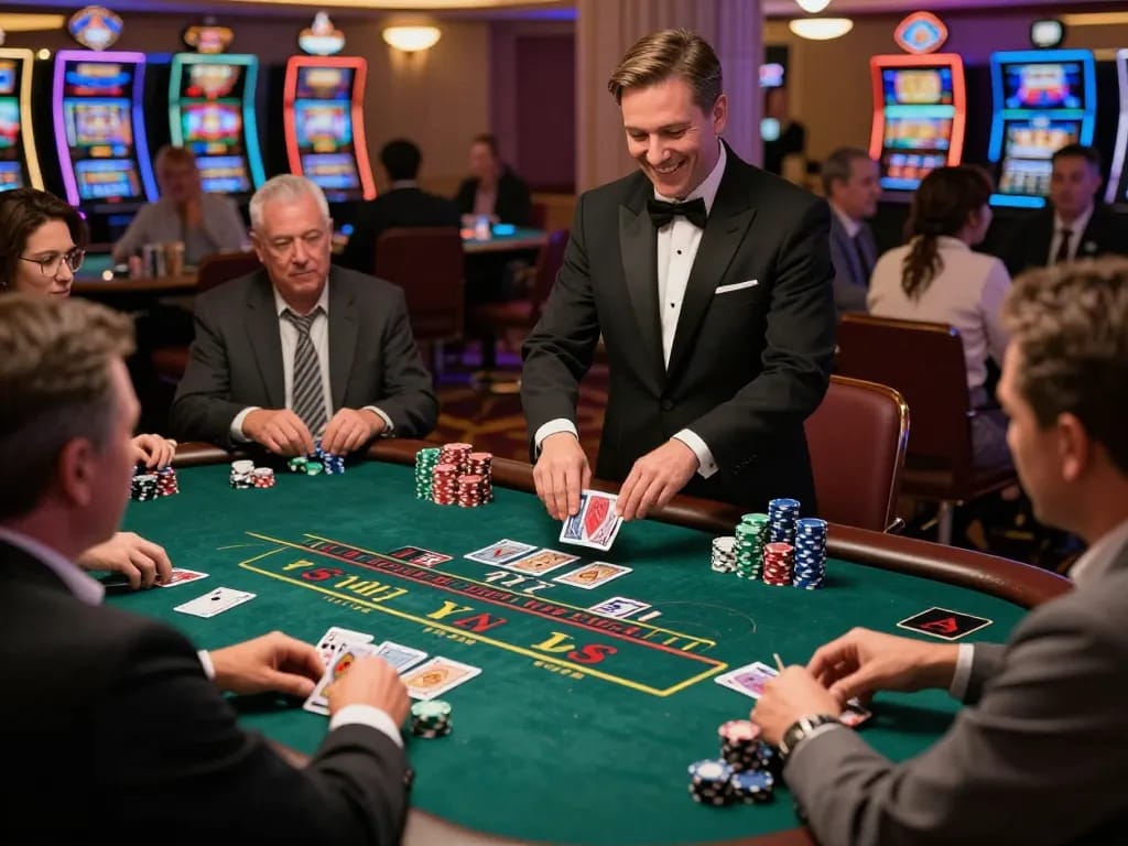 Fly888 players engaged in a thrilling blackjack game with chips stacked high in a vibrant Vegas casino.
