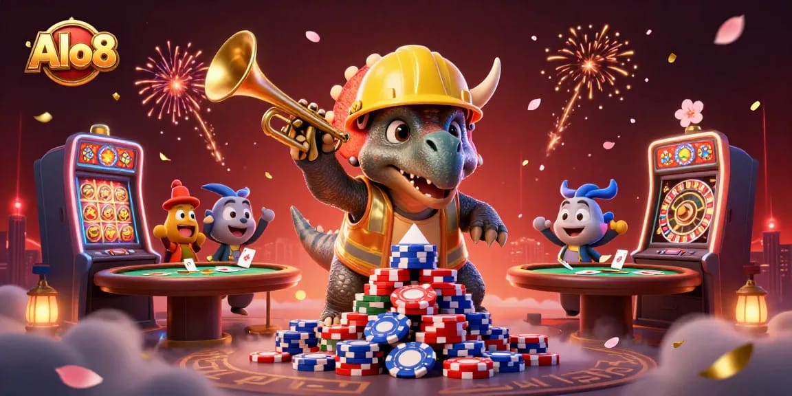 Alo8 offers dynamic gaming adventures with festive triceratops and lively slot elements celebrating casino fun.