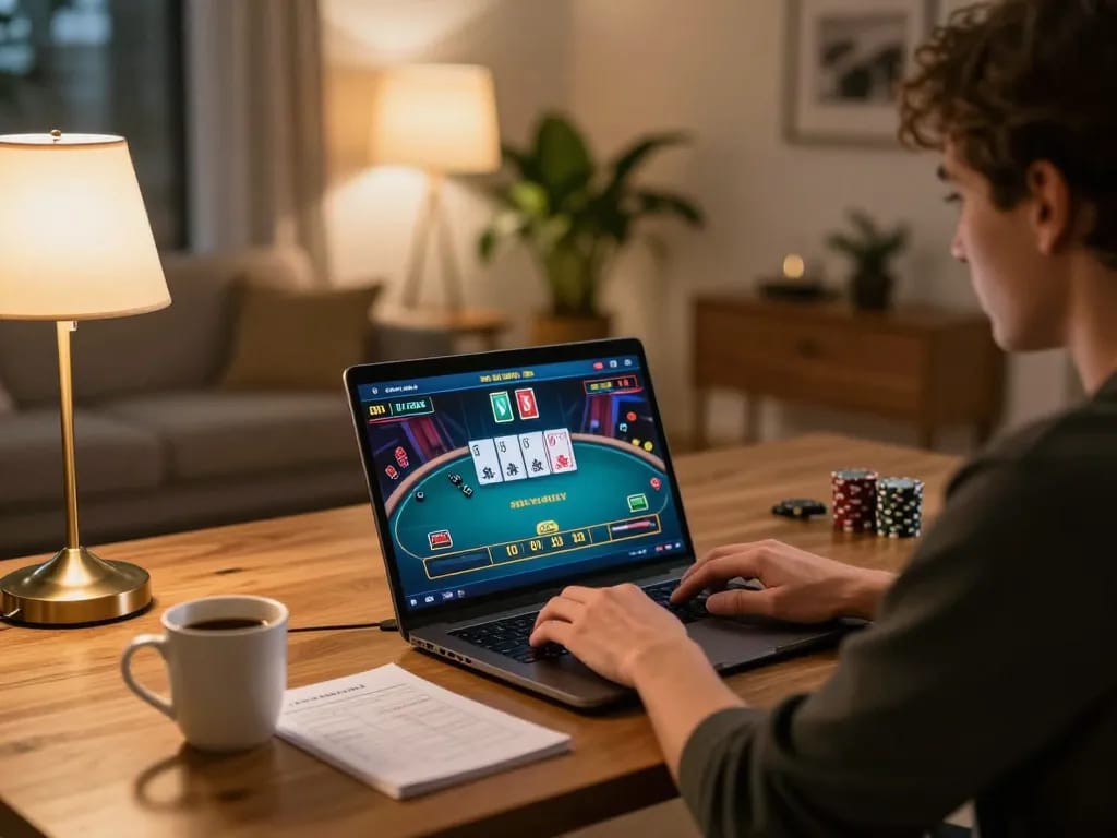 mm88 player engaging in an online poker game, focused on the screen with strategy notes present