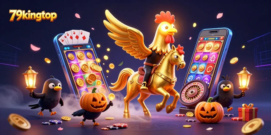 Experience 79kingtop's vibrant casino scene featuring a golden rooster, slot games, and festive lanterns.