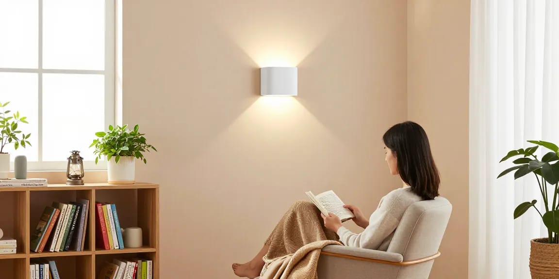 Stylish aplique pared blanco illuminating a cozy reading nook.