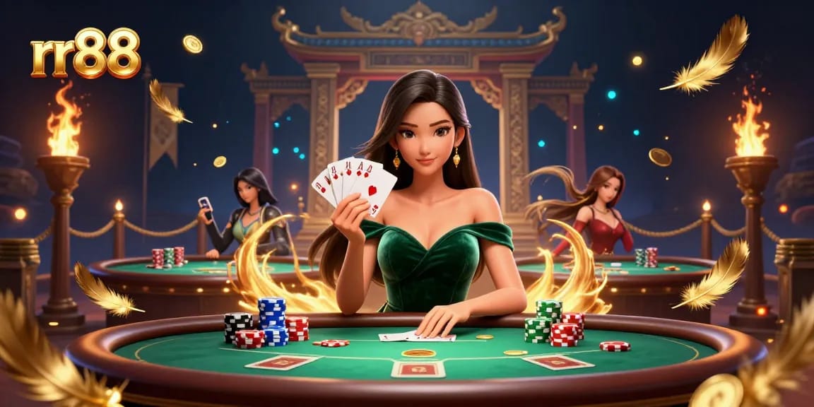 Engage with the rr88 casino experience, showcasing a strategic poker scene filled with excitement and glamour.