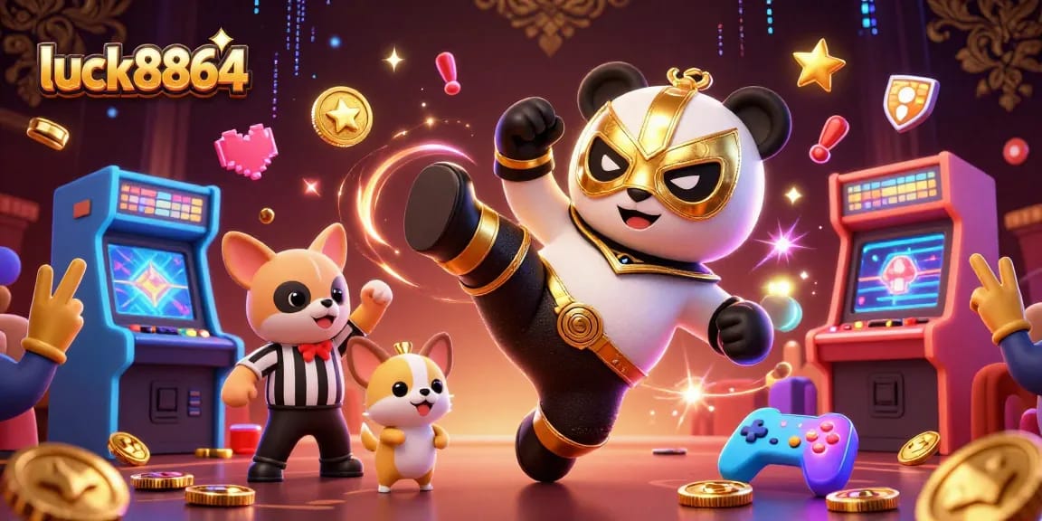Experience thrilling fun at luck8864 with a dynamic 3D casino-style illustration showcasing lively gaming action.