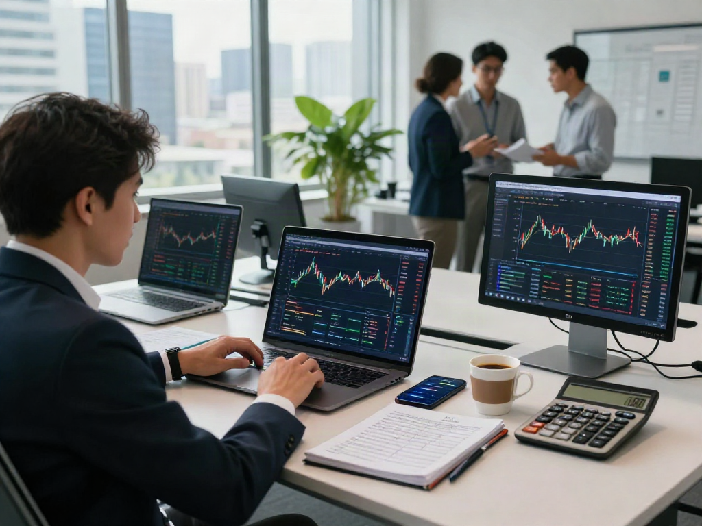 Análisis profesional del precio usdt en oficina moderna con gráficos y dispositivos digitales.