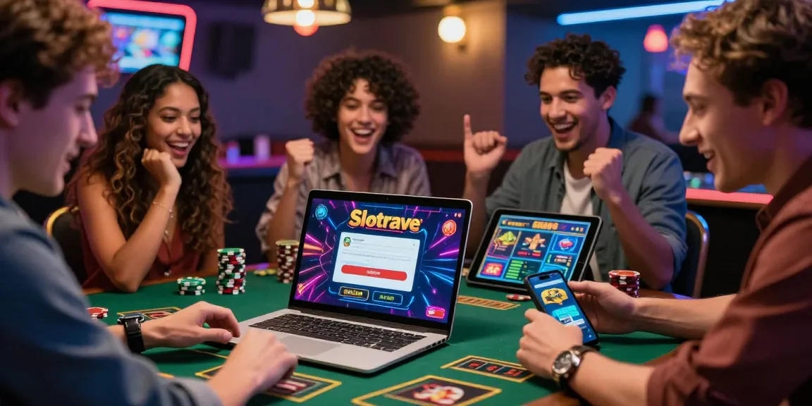 Friends enjoying online casino games together, engaging with Slotrave login on a laptop and smartphone, vibrant atmosphere.