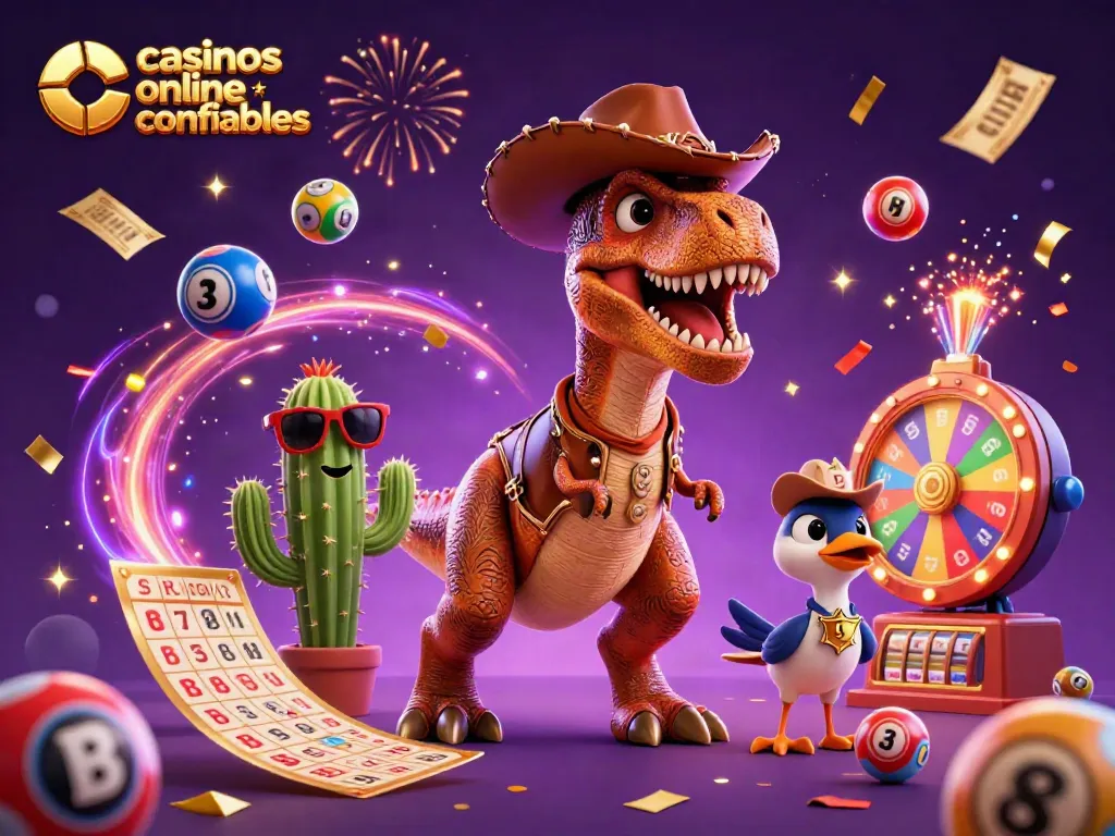 Ilustra acción de juegos en casinos online confiables en Chile, mostrando dinosaurio y elementos de lotería.