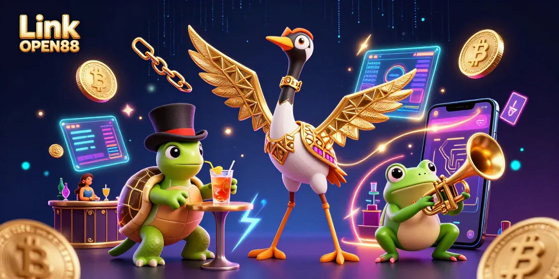 Engage with casino fun at Link OPEN88 featuring lively characters and glowing crypto elements.