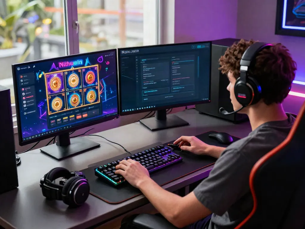 Engaging gamer at desk with Nohuwin interface, showcasing dynamic online gaming.