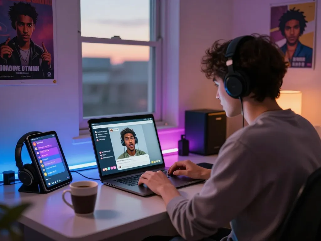 Engaging ai porn chat session with a virtual character in a cozy, tech-savvy environment.
