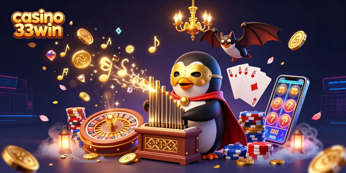 Experience the thrill of casino 33win with a vibrant 3D illustration of gaming elements and characters.