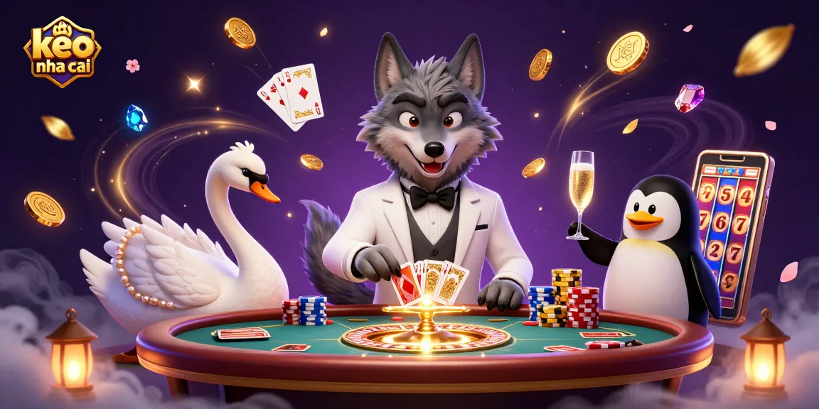 Engage with keo nha cai at a lively baccarat table with a debonair wolf and elegant swan.