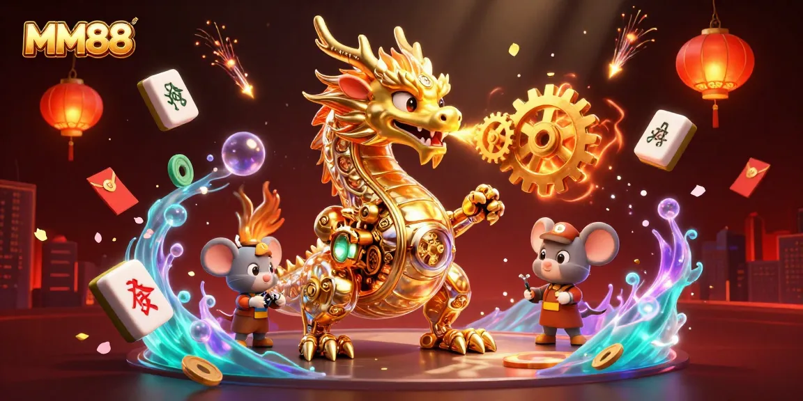 Engage with MM88’s dynamic gaming experience featuring a golden dragon and lively casino elements.