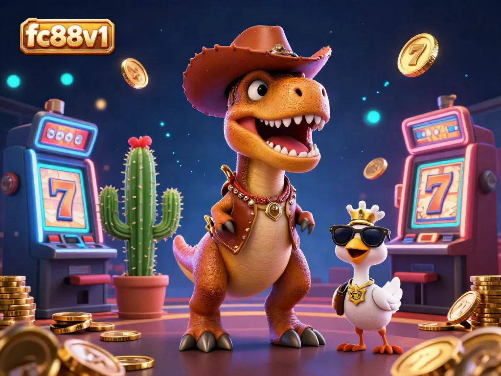 Engage with the thrilling environment of fc88v1's casino scene featuring a T-Rex and friends amidst slot machines and gold coins.