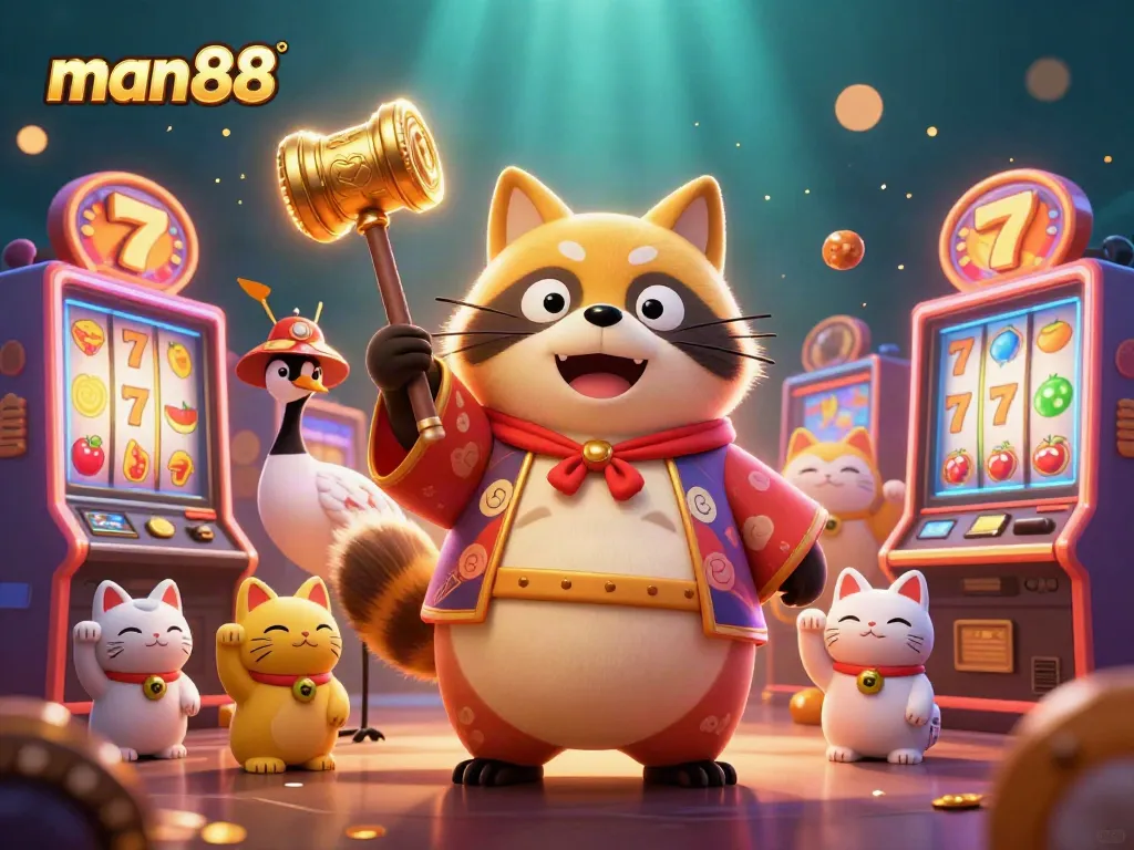 Experience thrilling gaming action with man88's vibrant slot machine scene featuring lucky imagery.