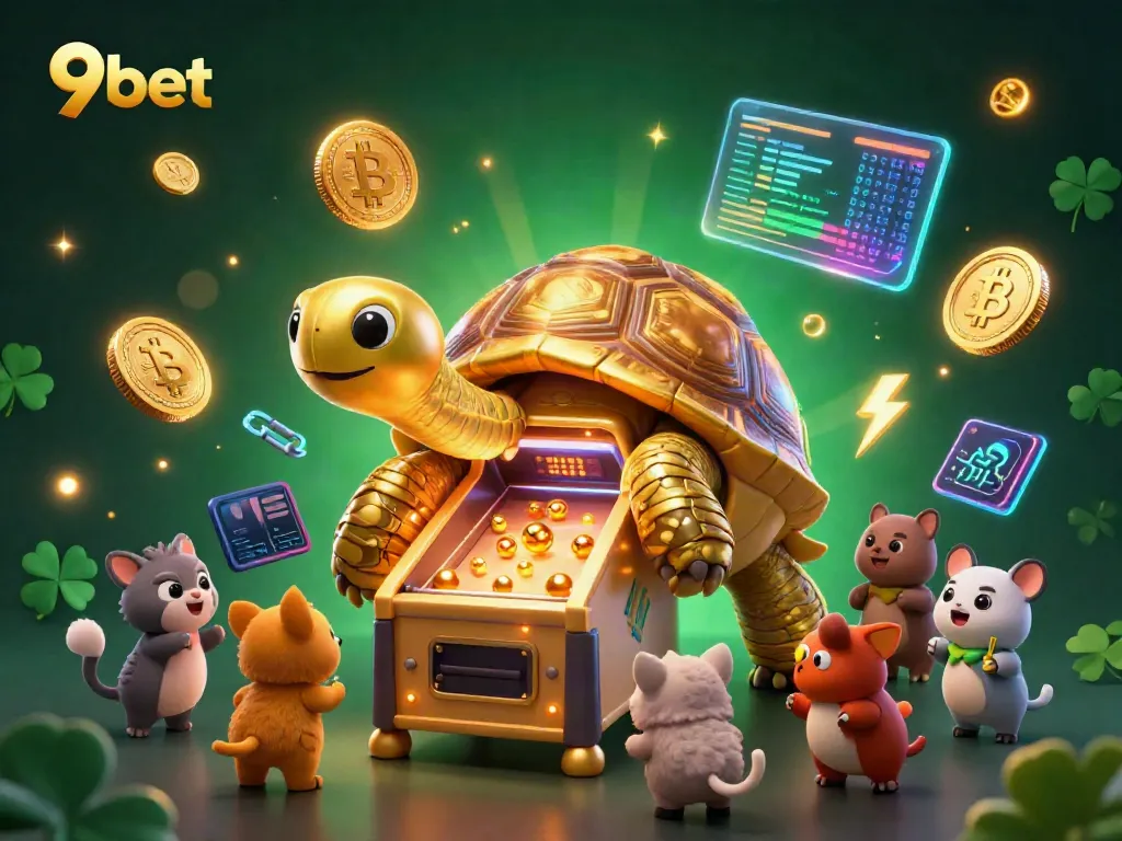 Experience the excitement of 9bet with a dynamic illustration featuring a giant tortoise pinball machine and crypto themed elements.