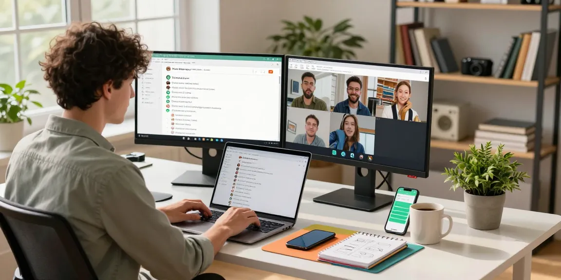 Engaged professional accessing WhatsApp電腦版 in a bright home office setup.