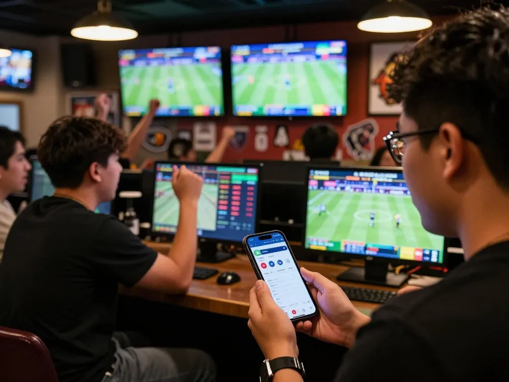 Engaging sports betting scene illustrating keo nha cai hom nay app in use amidst cheering friends
