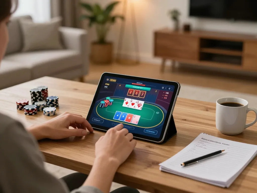 Person enjoying online gambling at home with xx88 app on tablet, showcasing a cozy gaming setup