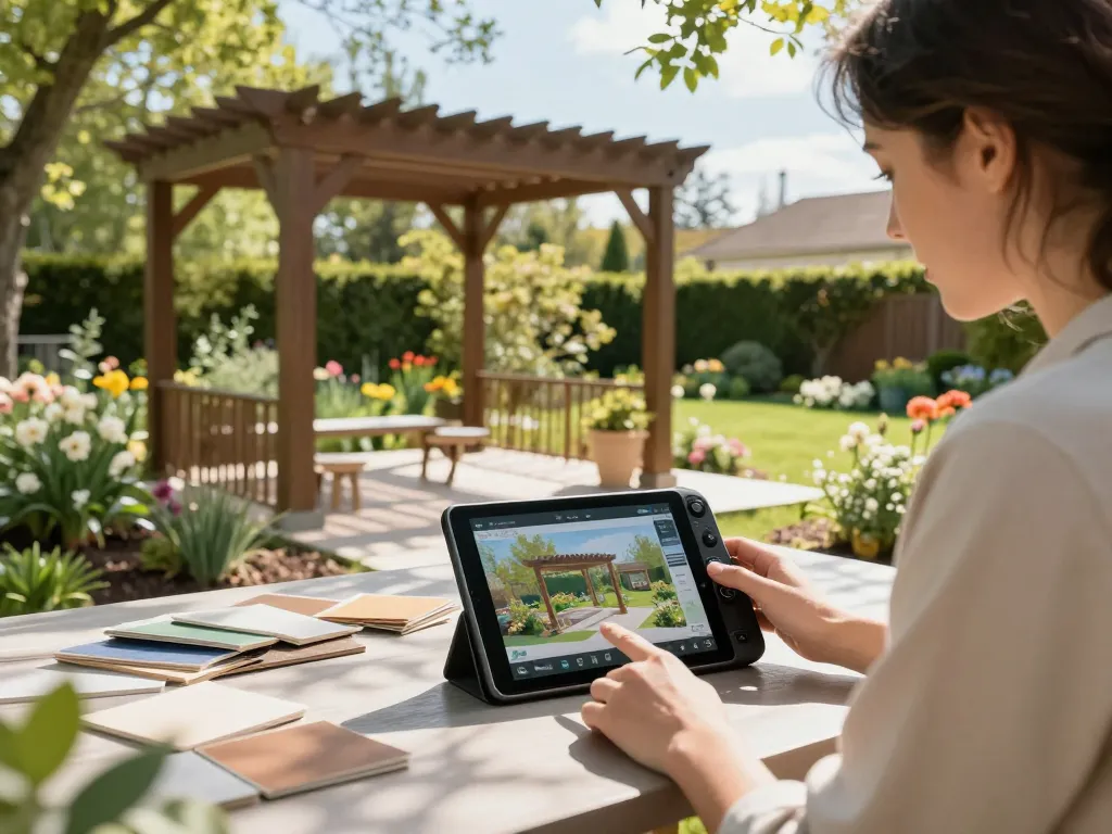 Escena atractiva de un diseñador de paisajes utilizando un configurador de pérgolas 3D en un jardín, mostrando diseños personalizados y materiales vibrantes.